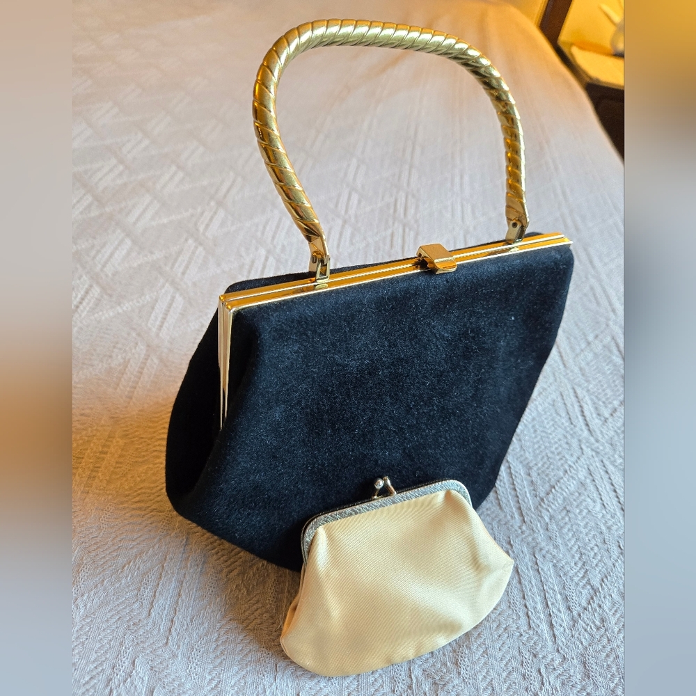 50s Mad Hatter Black Felt Wool Handbag With Satin Coin Purse